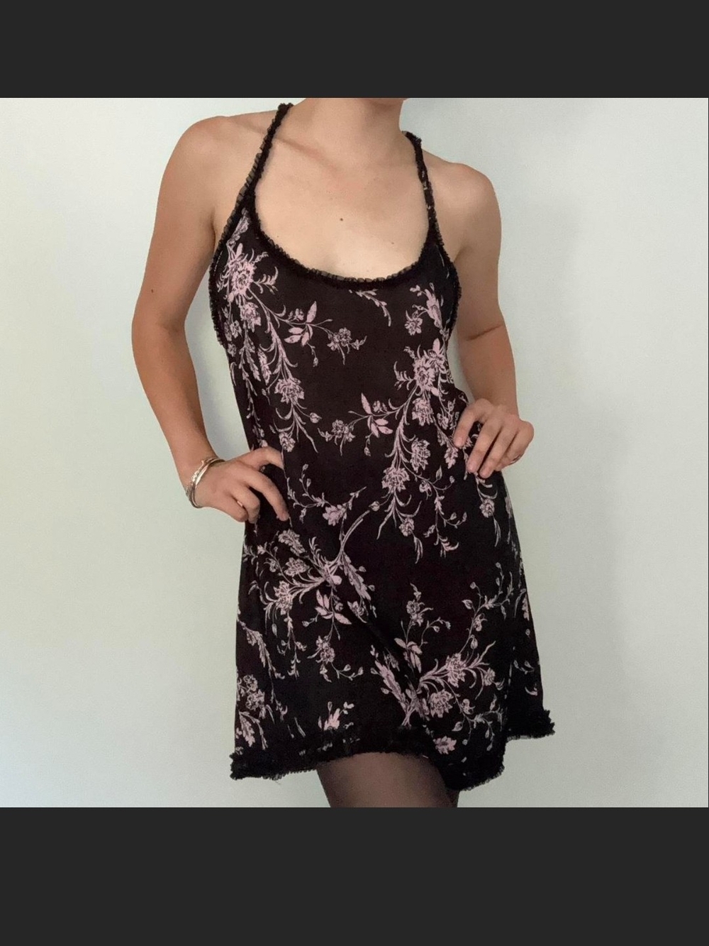 Black Floral Slip with Pink Vine Print